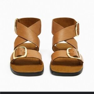 Zara Tan Leather Crisscross Buckle Sandals with Gold Hardware